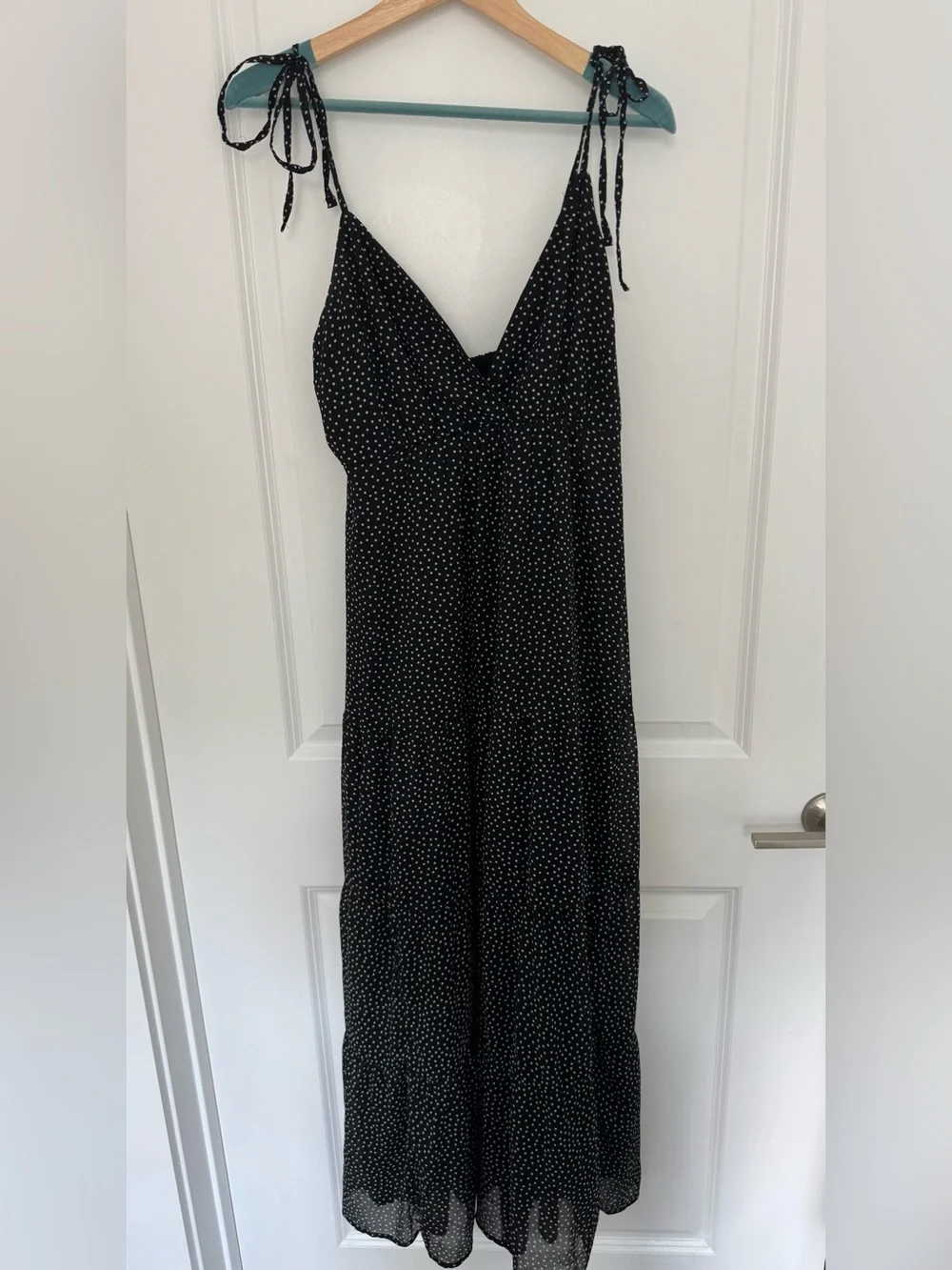 Abercrombie & Fitch V Neck Tiered Black Polka Dot Maxi Dress with Tie Straps